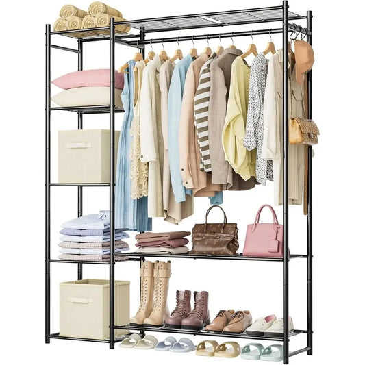 4 Tier Portable Clothes Rack With Hanging Rod For Home