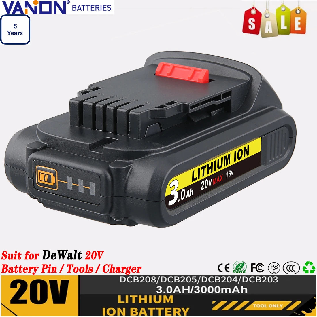 VANON 3Ah DCB201 LiIon Battery For Dewalt 20V Tools