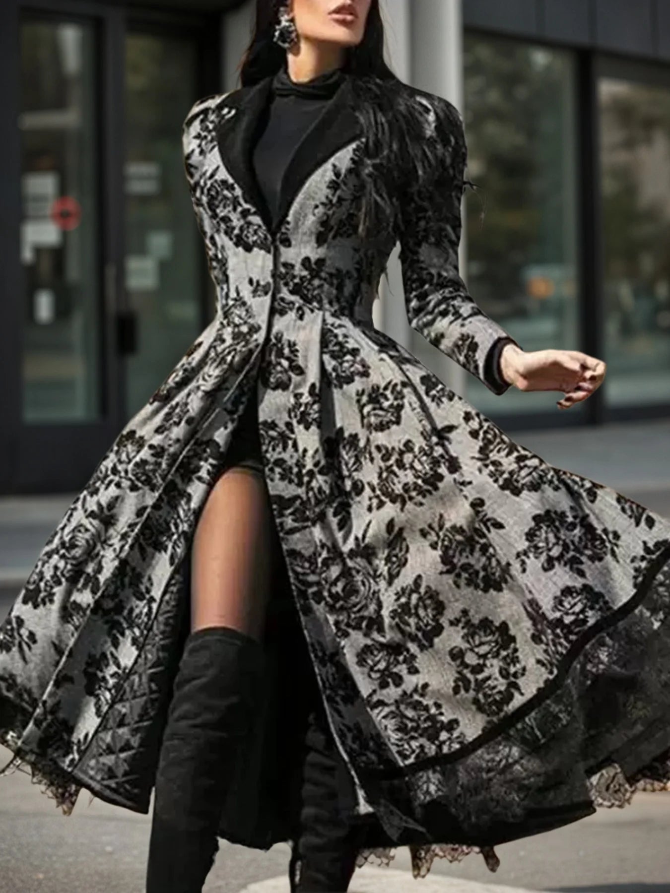 Women's Retro Floral Lace Patchwork Long Jacket With V Neck