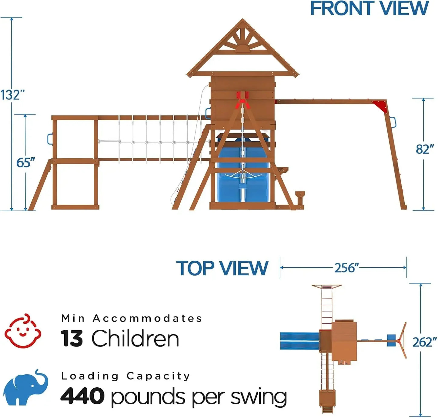 Wooden Backyard Swing Set With Plank Bridge And Monkey Bar