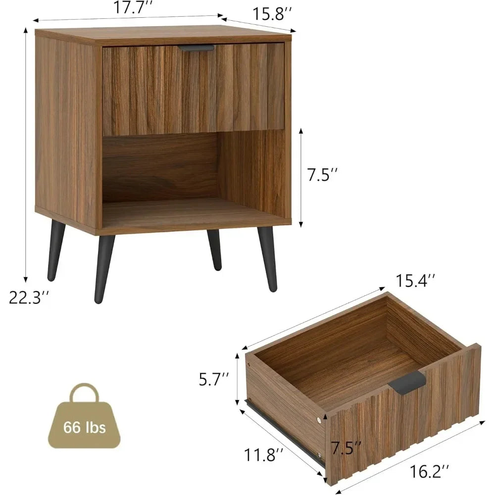 ANGDUO Fluted Nightstand With Drawer And Open Storage