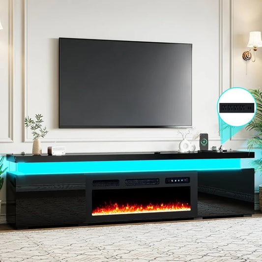 Modern Fireplace TV Stand With LED Lights And Glossy Finish