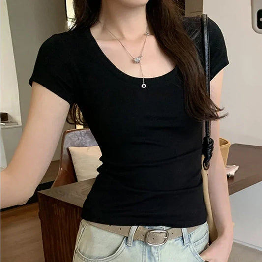 CN Guangdong Womens Cotton O Neck TShirt Slim Fit Top