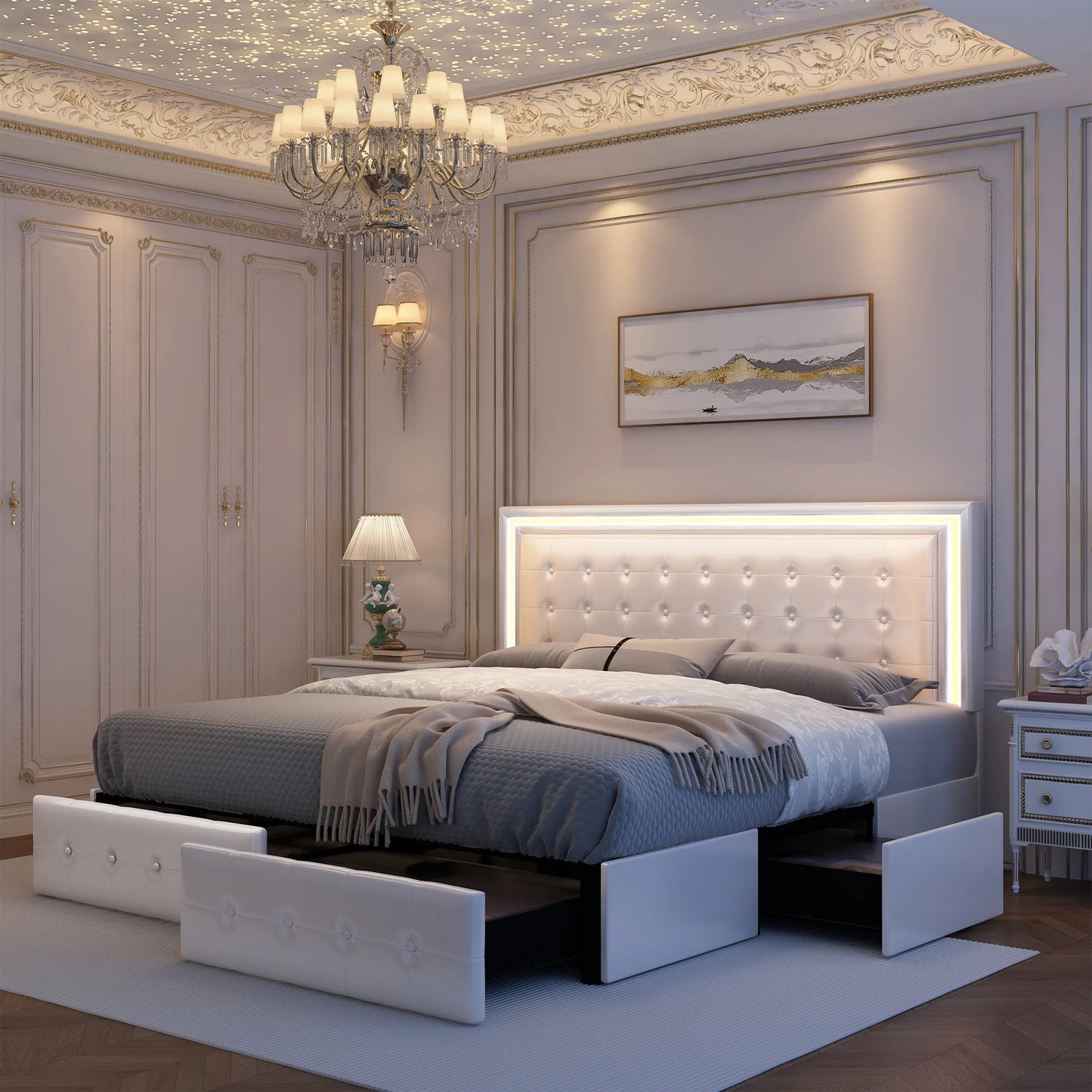 GEGOFORU Queen LED Bed Frame With 4 Storage Drawers Headboard