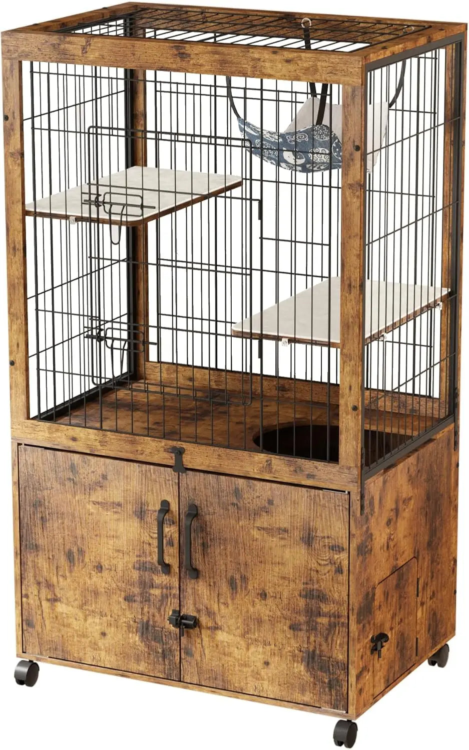 Rustic Indoor Wood Cat Kennel With Hidden Litter Box Enclosure