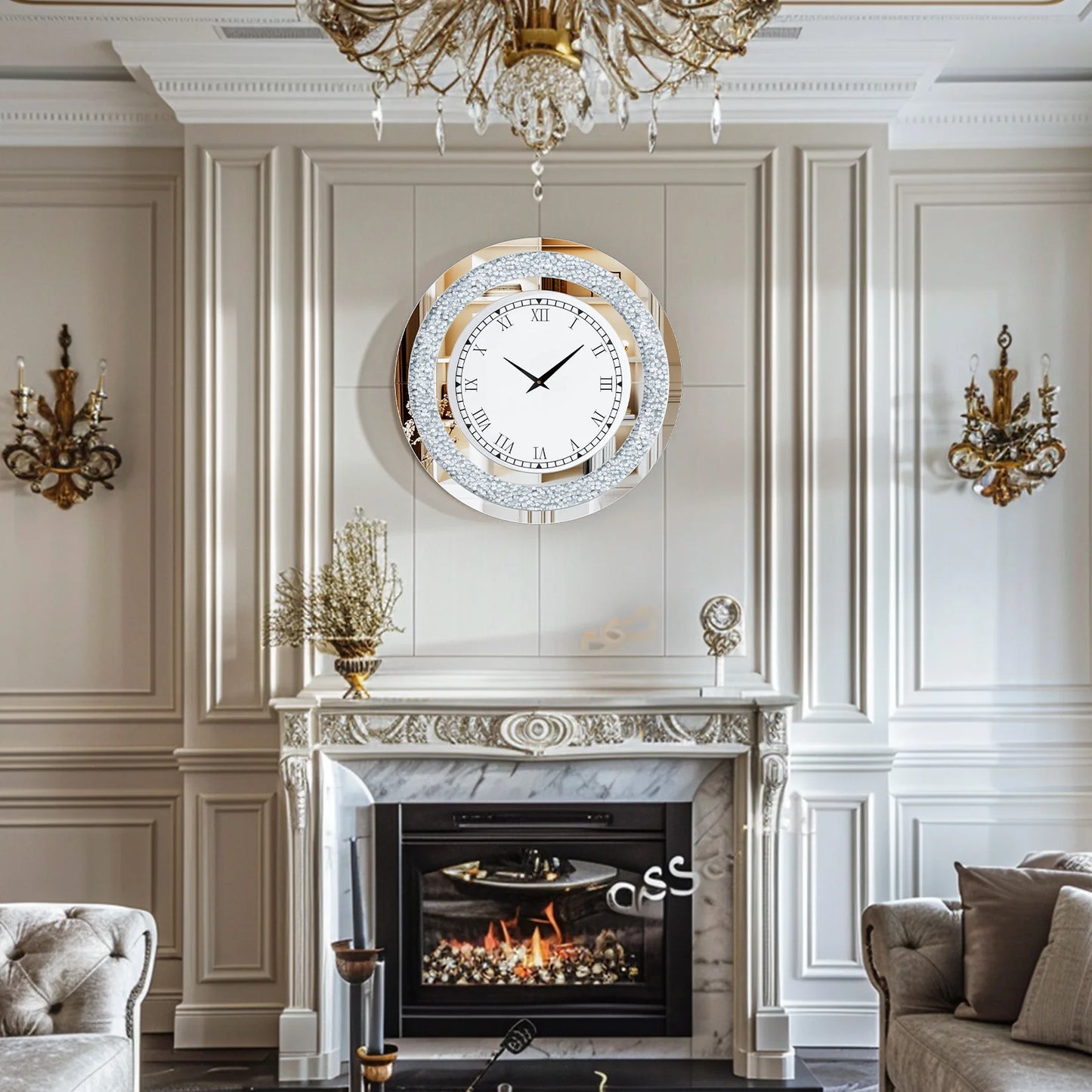 Round Mirrored Wall Clock With Crystal Sparkle Diamond Accents For Living Room