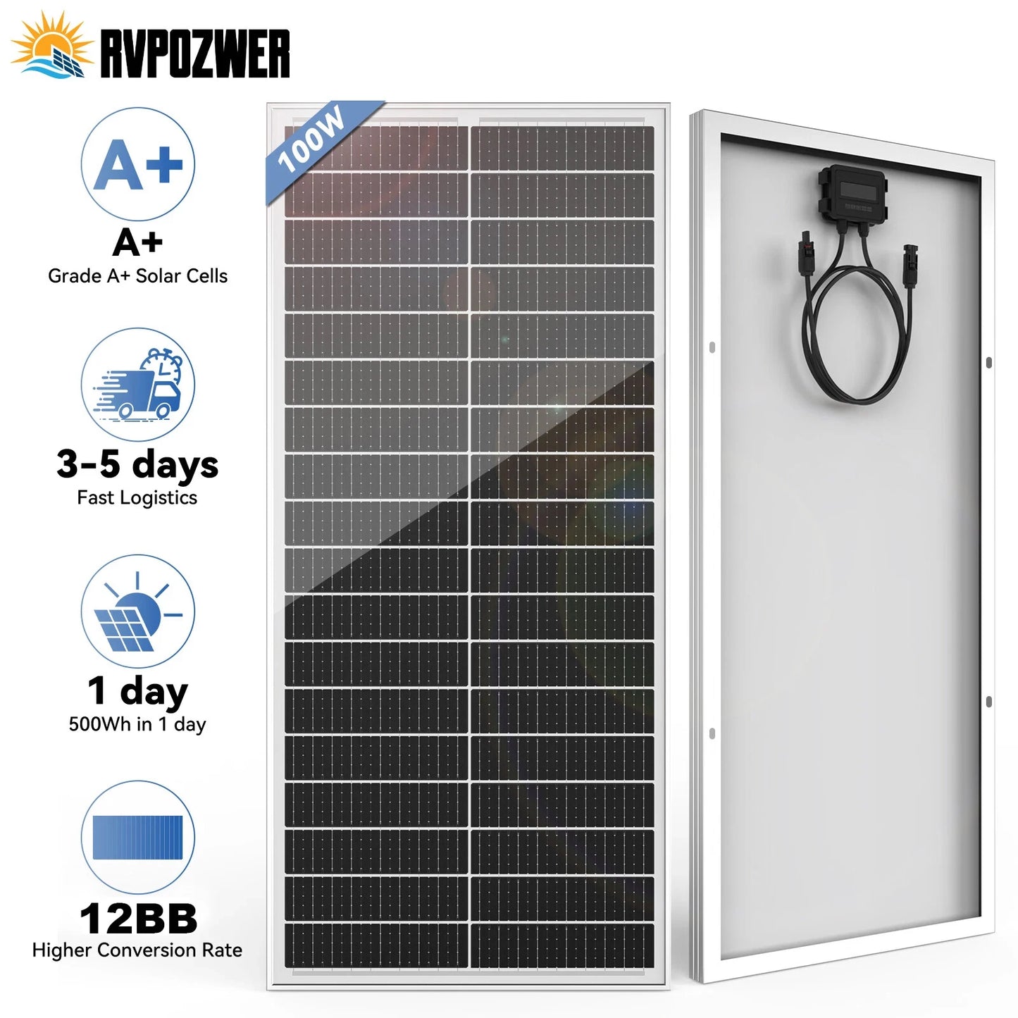 Rvpozwer 100W 12V Monocrystalline Solar Panel For Roof Mount