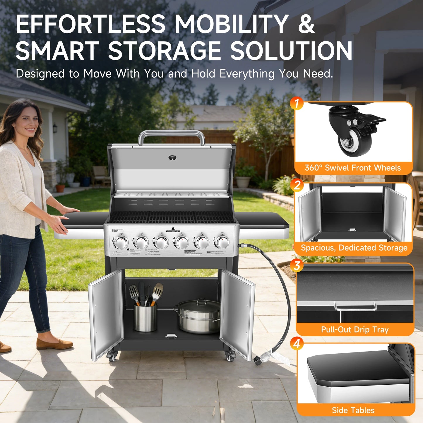 Six Burner Propane Gas Grill With Cabinet And Warming Rack