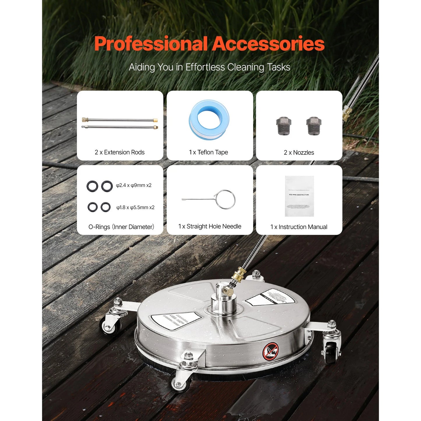 VEVOR Pressure Washer Surface Cleaner PE Stainless Steel Attachments 4 Wheels
