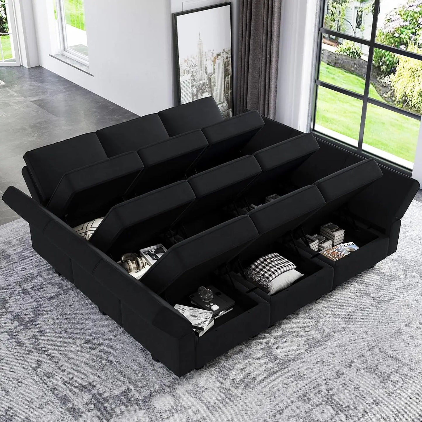 Modular Velvet Sectional Sofa With Ottomans Sleeper Chaise Storage