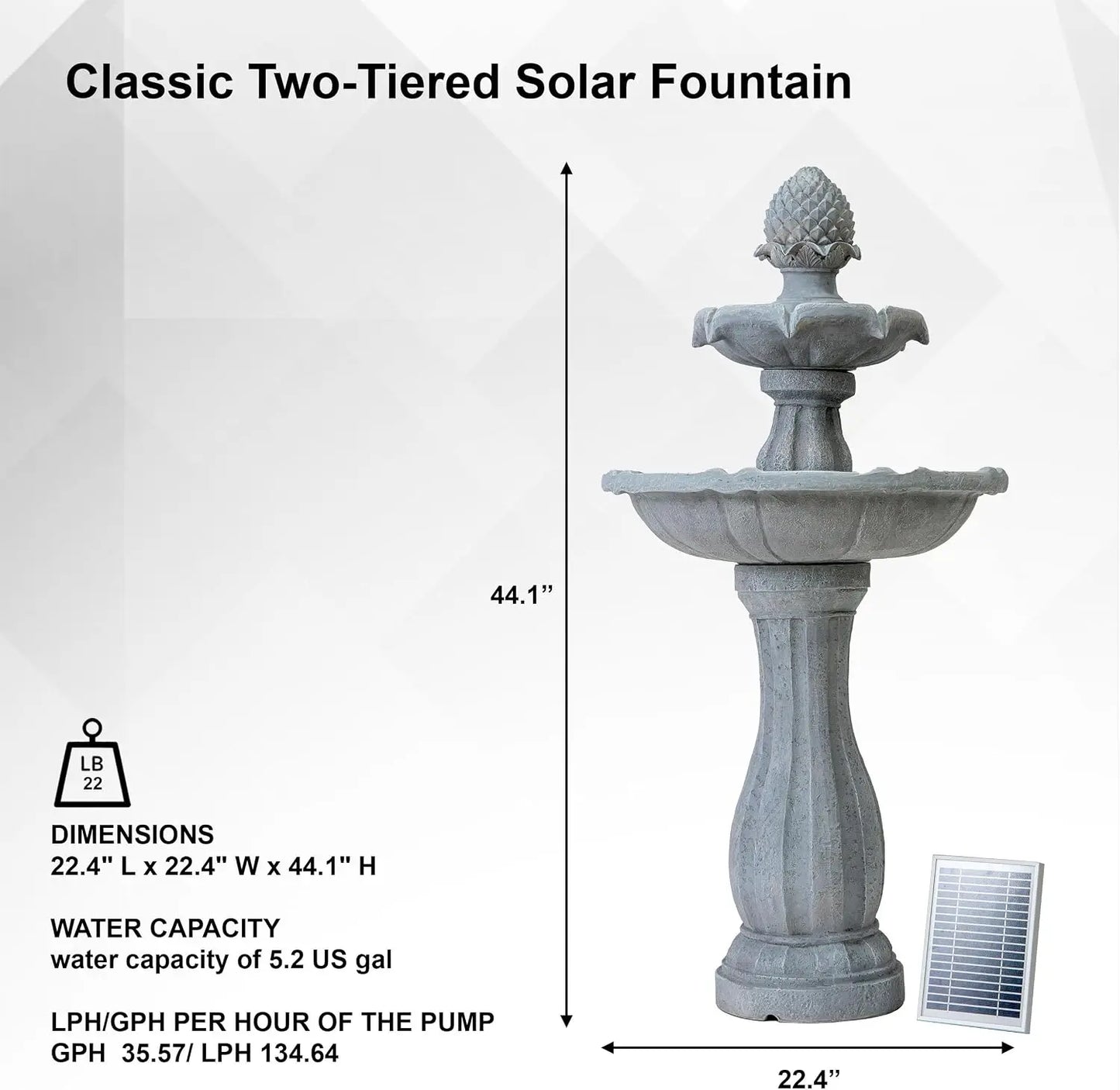 Fiberglass Resin Solar Water Feature With Auto Off Pump Birdbath