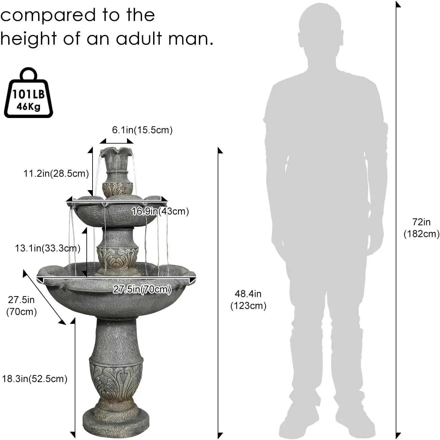Outdoor Water Fountain 3 Tier Cascading Fiber Reinforced Concrete