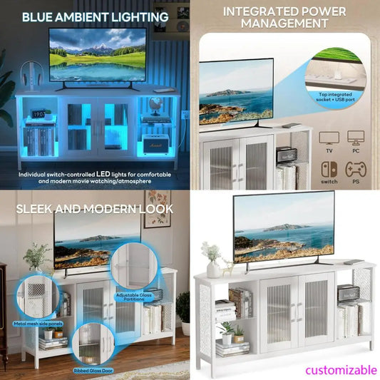 XMSJ TV Stand With Glass Cabinets And LED Lighting