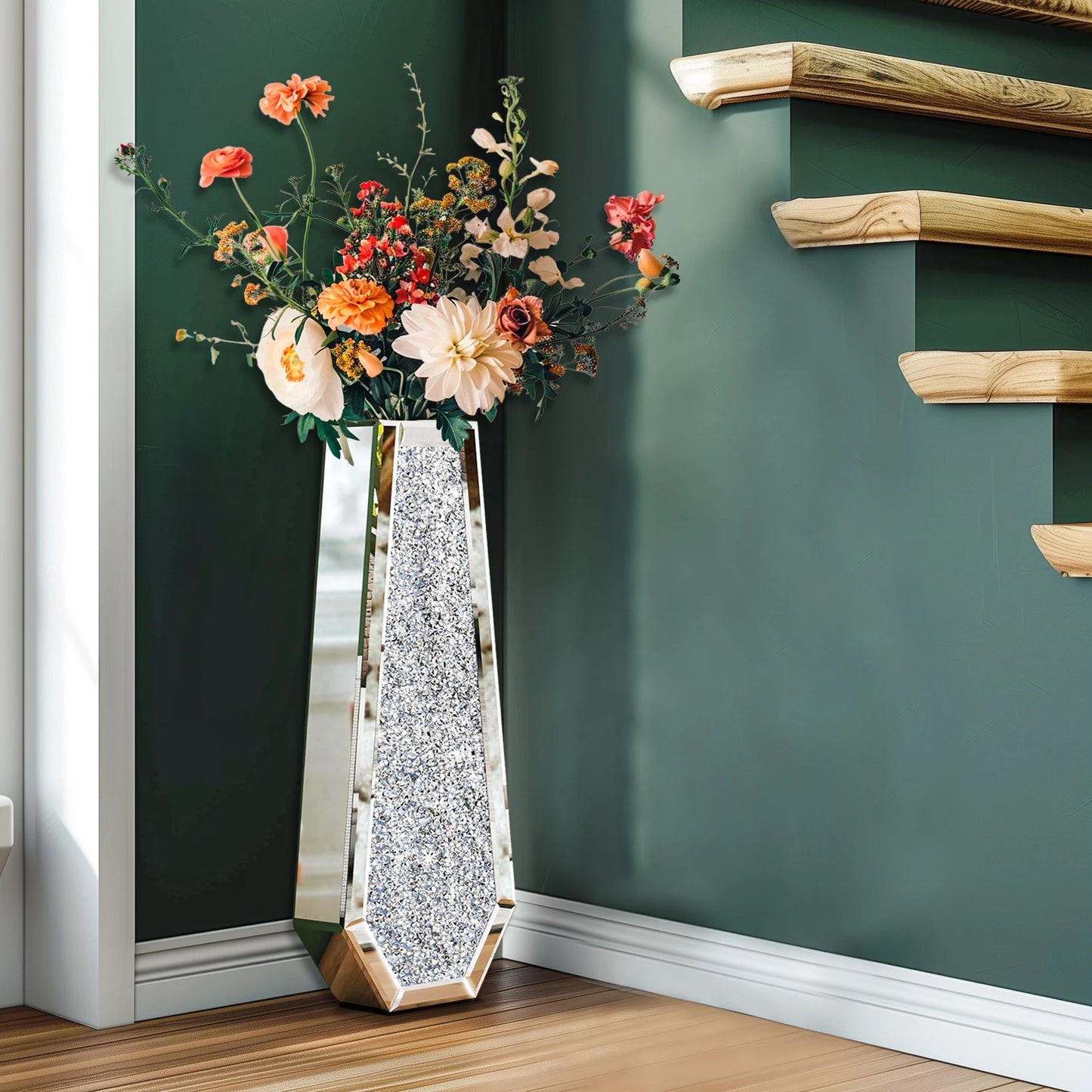 Function Crushed Diamond Mirrored Floor Vase Crystal Glass
