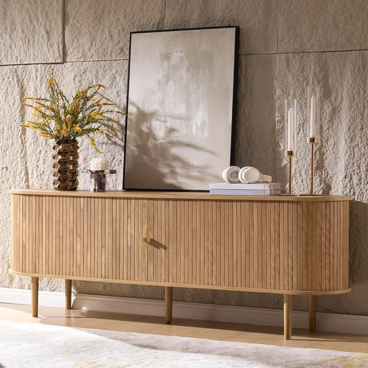 Mid Century Modern Fluted Wood TV Stand With Storage
