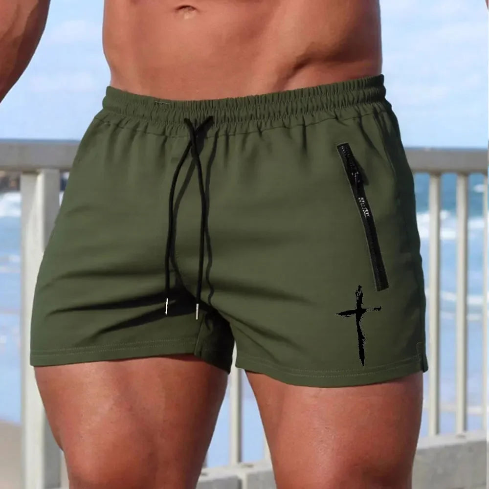 CN Men Cross Print Beach Shorts Quick Dry Zipper Pockets