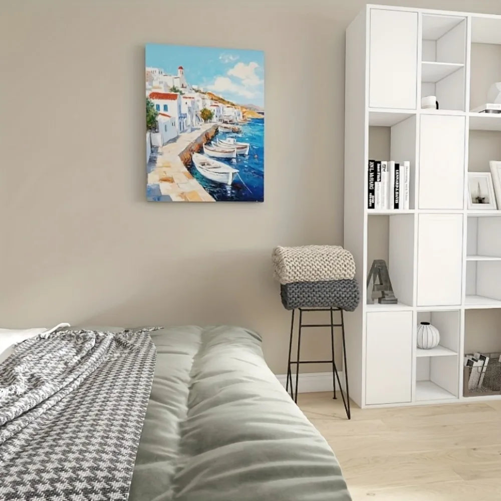 Hign-concerned Seaside Boat Abstract Painting in Pine Frame