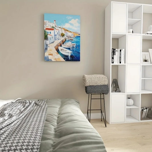 Hign-concerned Seaside Boat Abstract Painting in Pine Frame
