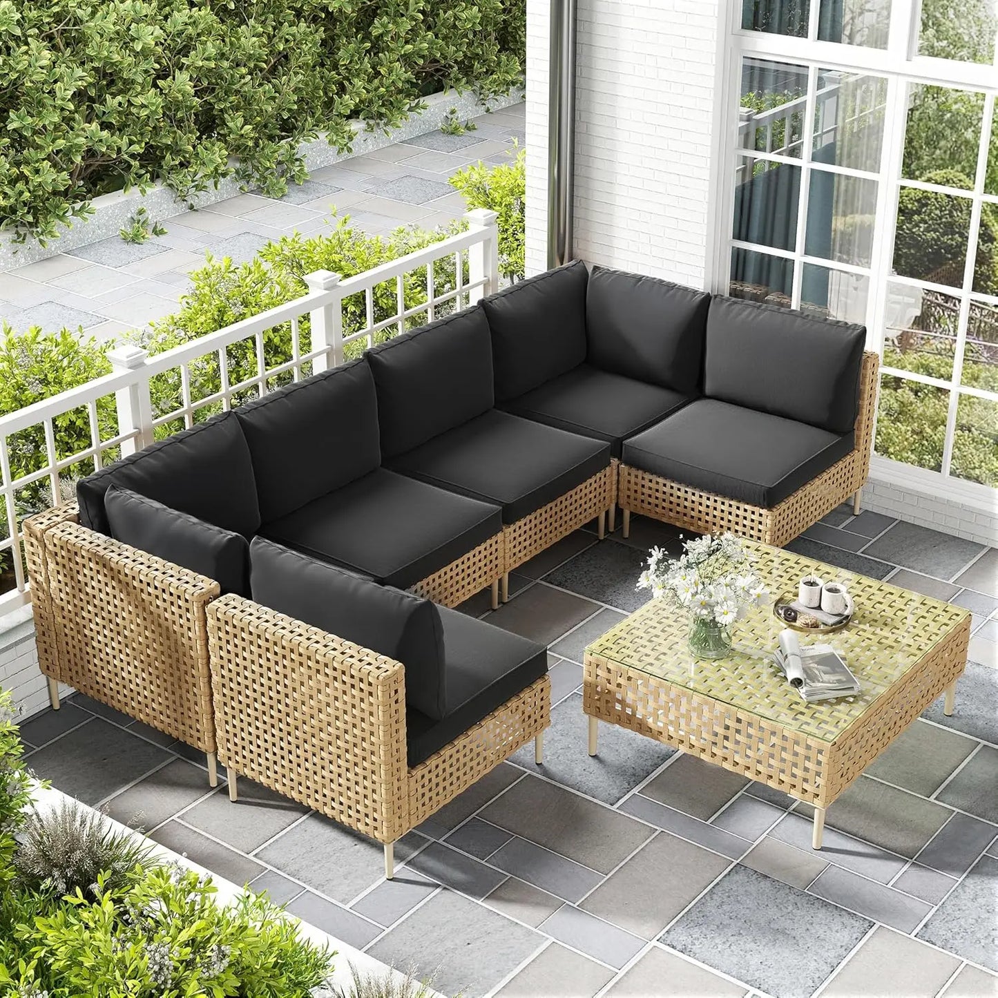 Wicker Outdoor Sectional Sofa Set Coffee Table All Weather Cushions