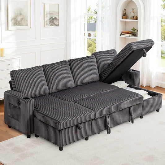KORSERCN Plush Corduroy Sleeper Sofa Bed With USB Ports Chaise