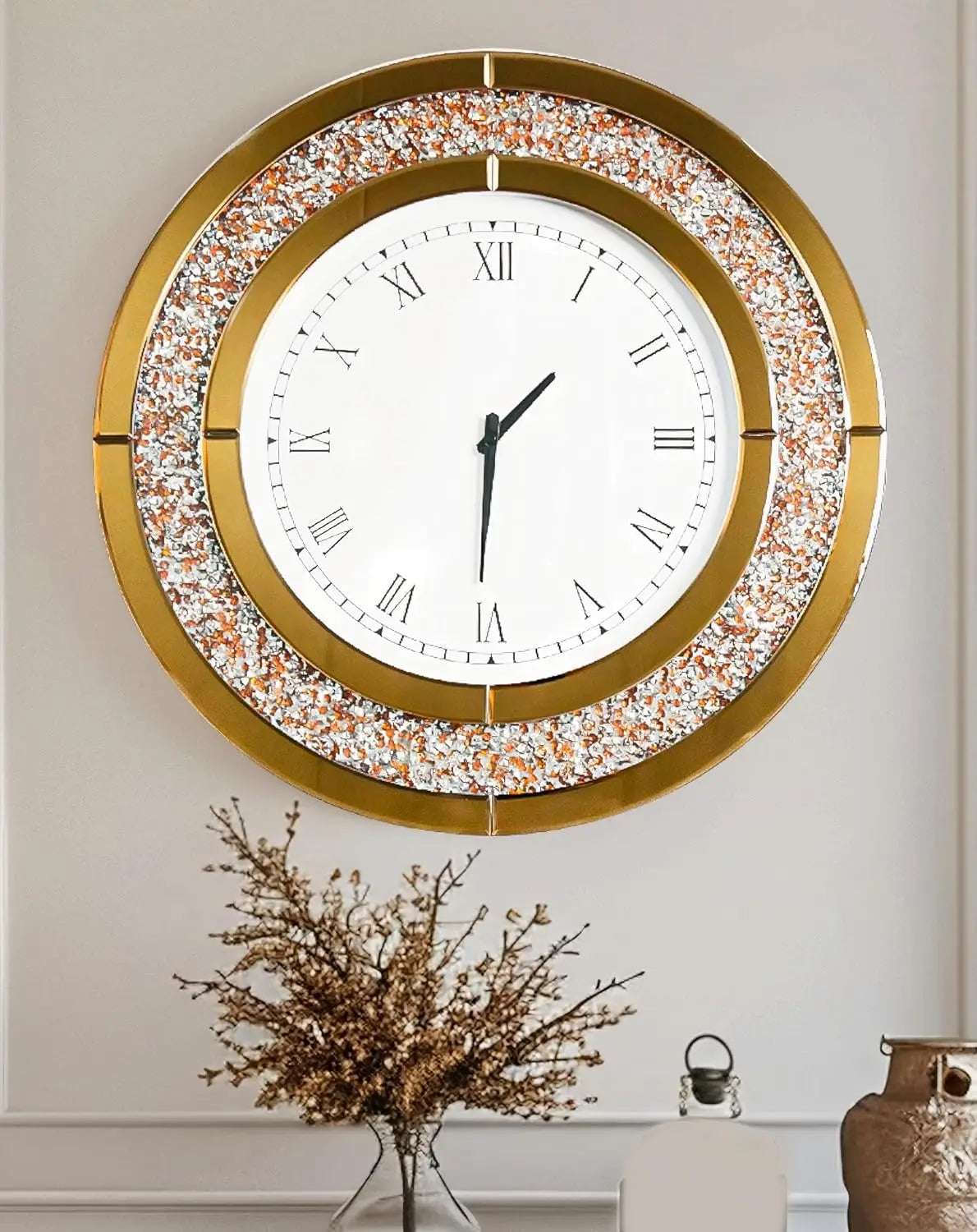 Round Crushed Diamond Wall Clock With Mirrored Surface