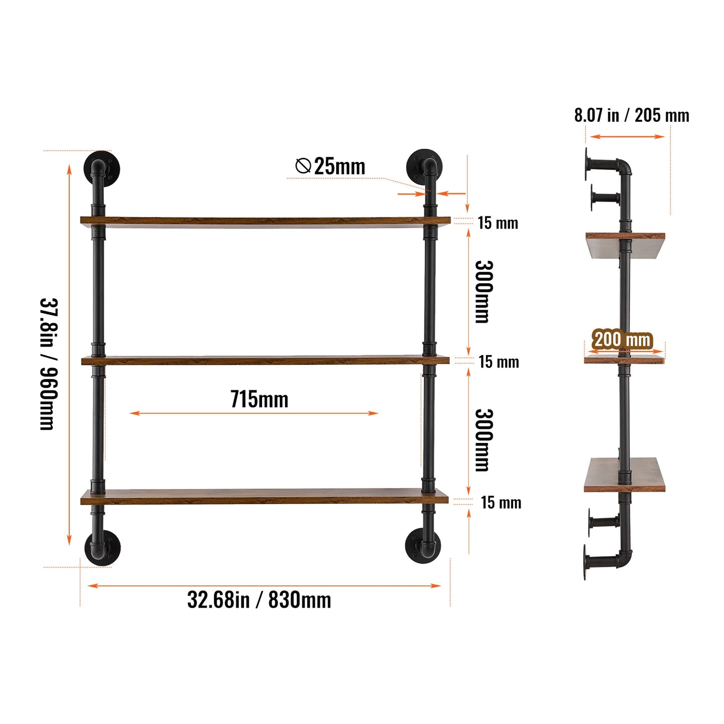 SucceBuy Industrial Pipe Shelving Wall Mount Wood Shelves