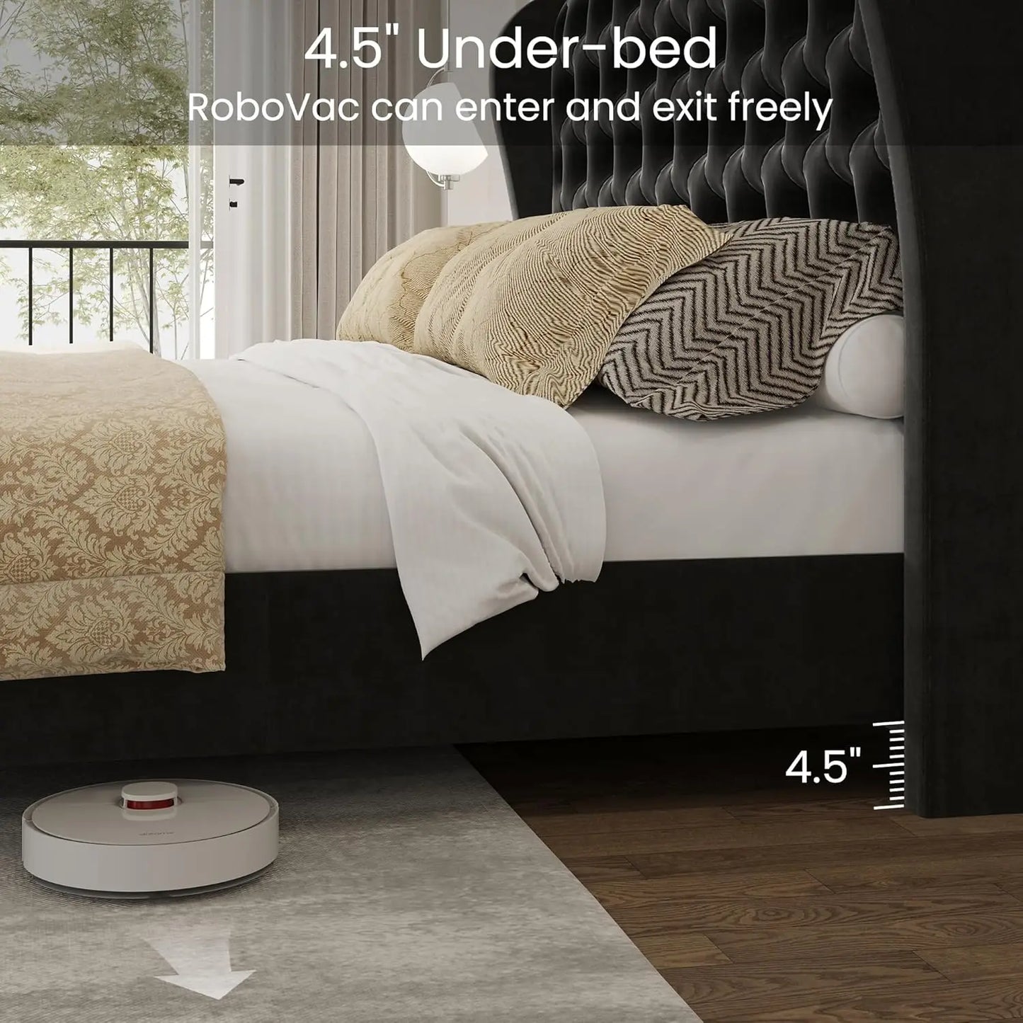Velvet Platform Bed With Wingback Headboard Tufted Wood Slats
