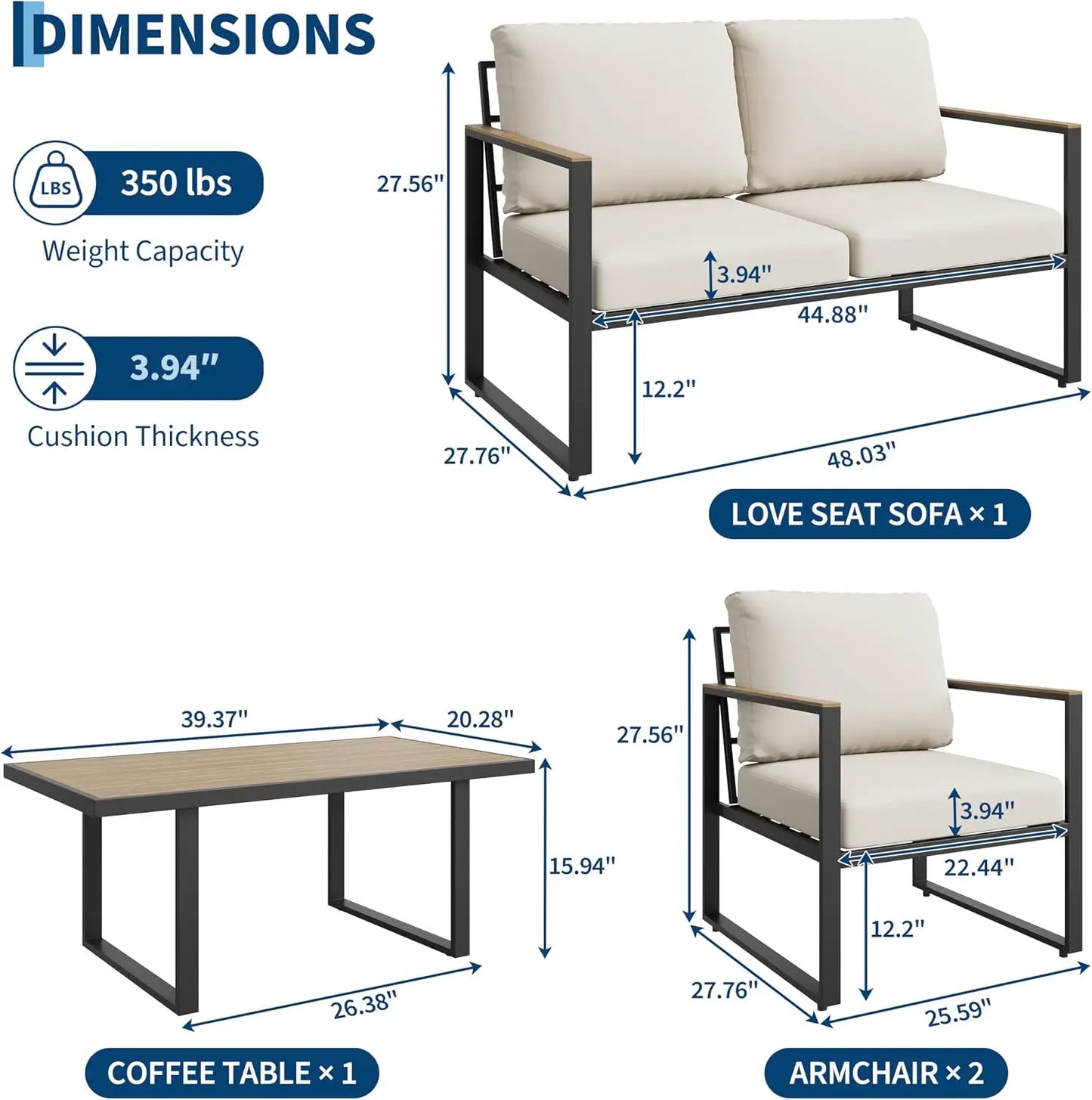 Aluminum 4-Piece Patio Conversation Set With Coffee Table Sponge Cushions