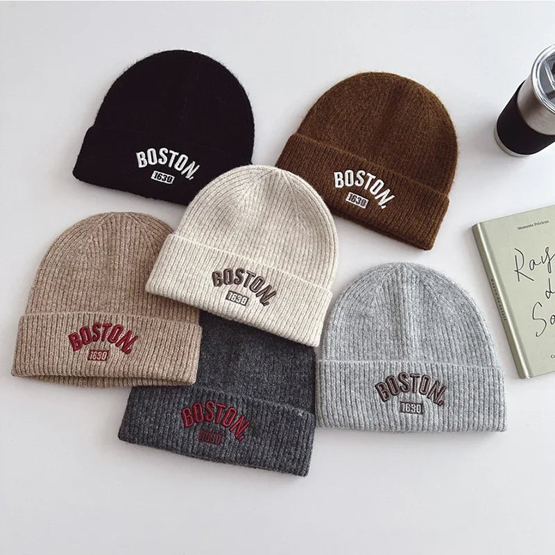 Letter Embroidered Unisex Kids Beanie Cap Winter Knit Acrylic Hat
