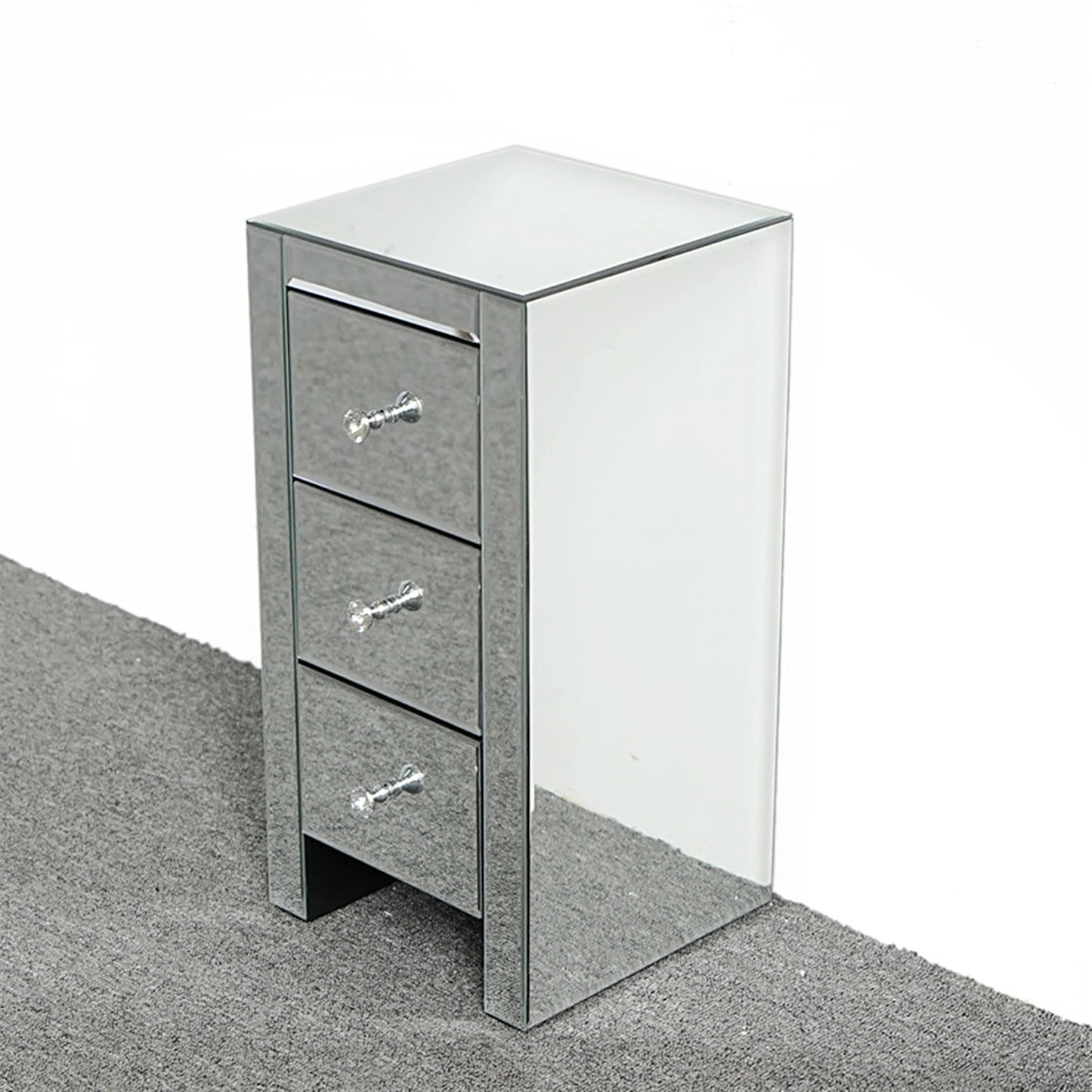 General Use Mirrored Glass Bedside Table with Three Drawers