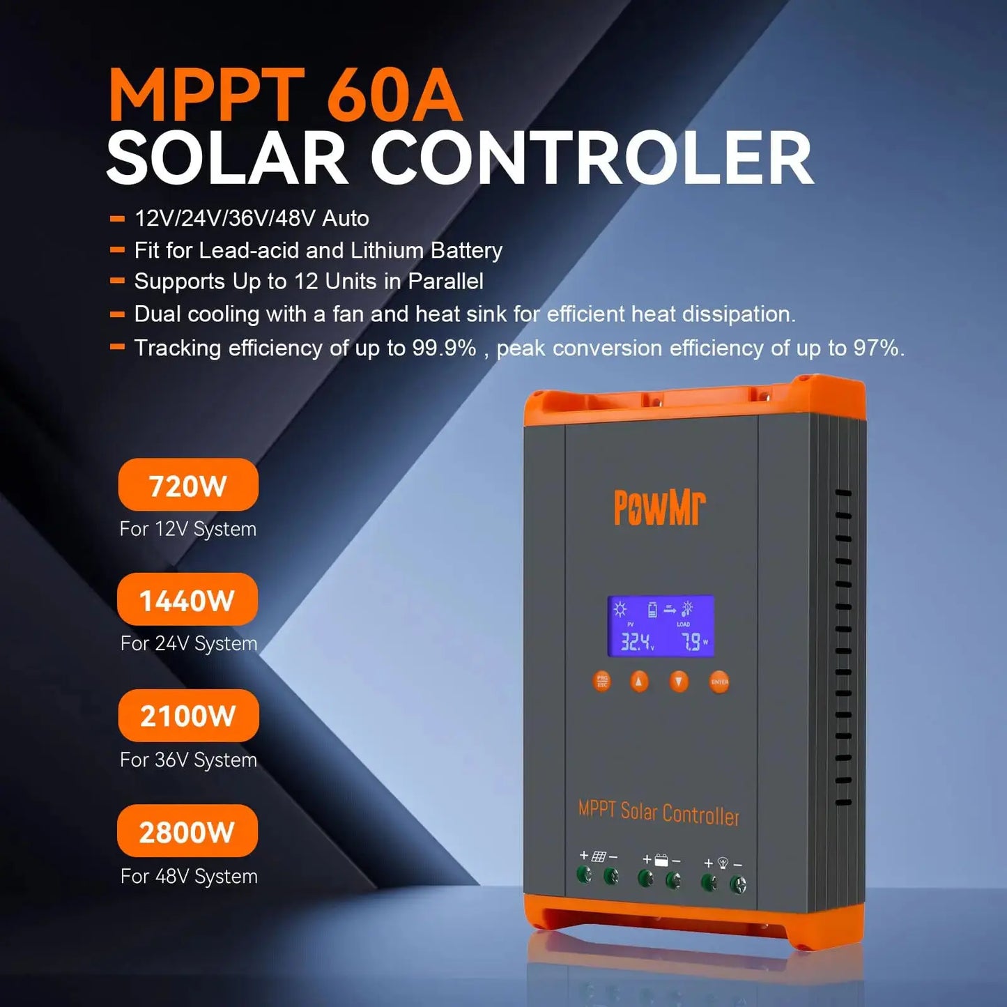 PowMr 60A MPPT Solar Charge Controller For 12V 24V 36V 48V Off Grid LED LCD