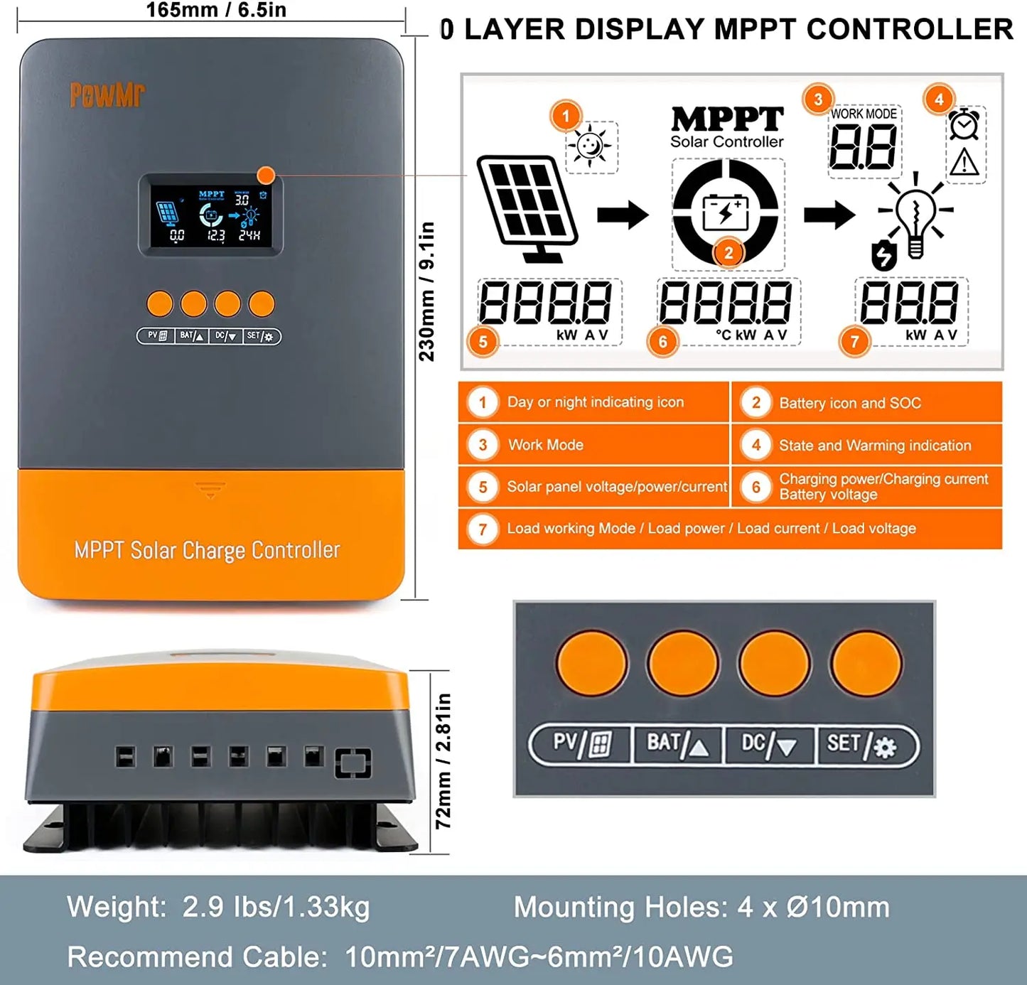 PowMr MPPT Charge Controller 60A 12V 24V 36V 48V LCD