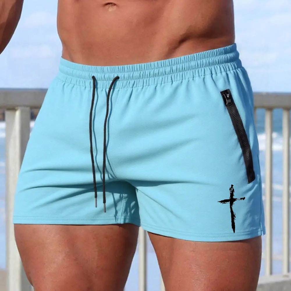 CN Men Cross Print Beach Shorts Quick Dry Zipper Pockets