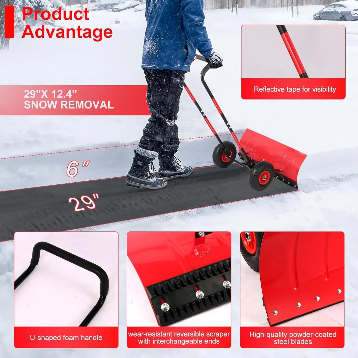 Snow Shovel With Wheels Metal Blade Adjustable Angled Handle