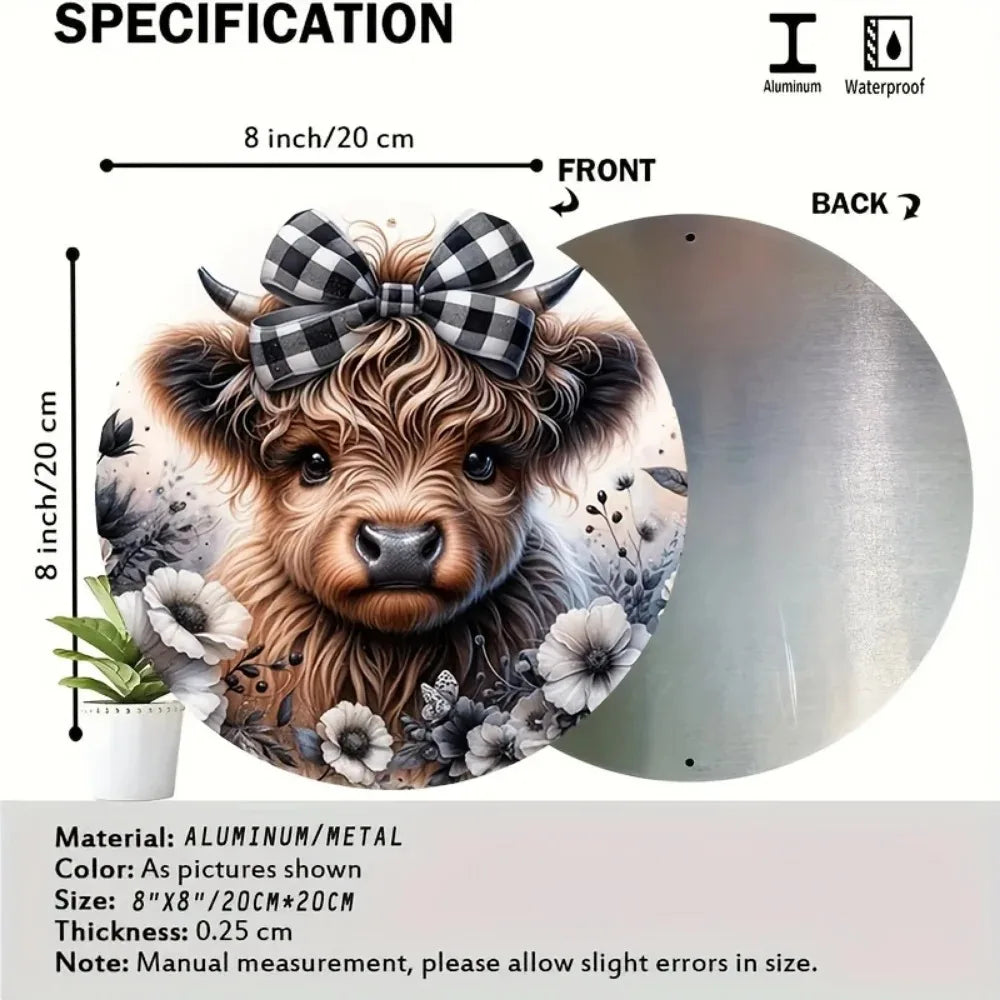 HELLOYOUNG Highland Cow Bow Wreath Aluminum Sign Christmas