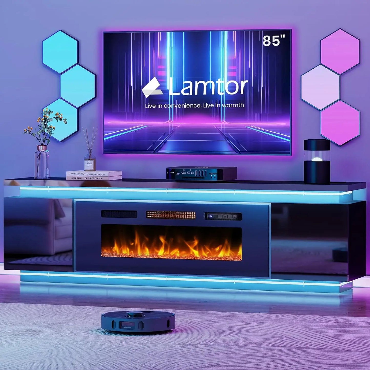 ANGDUO Fireplace TV Stand With RGB LED Lights And Outlets