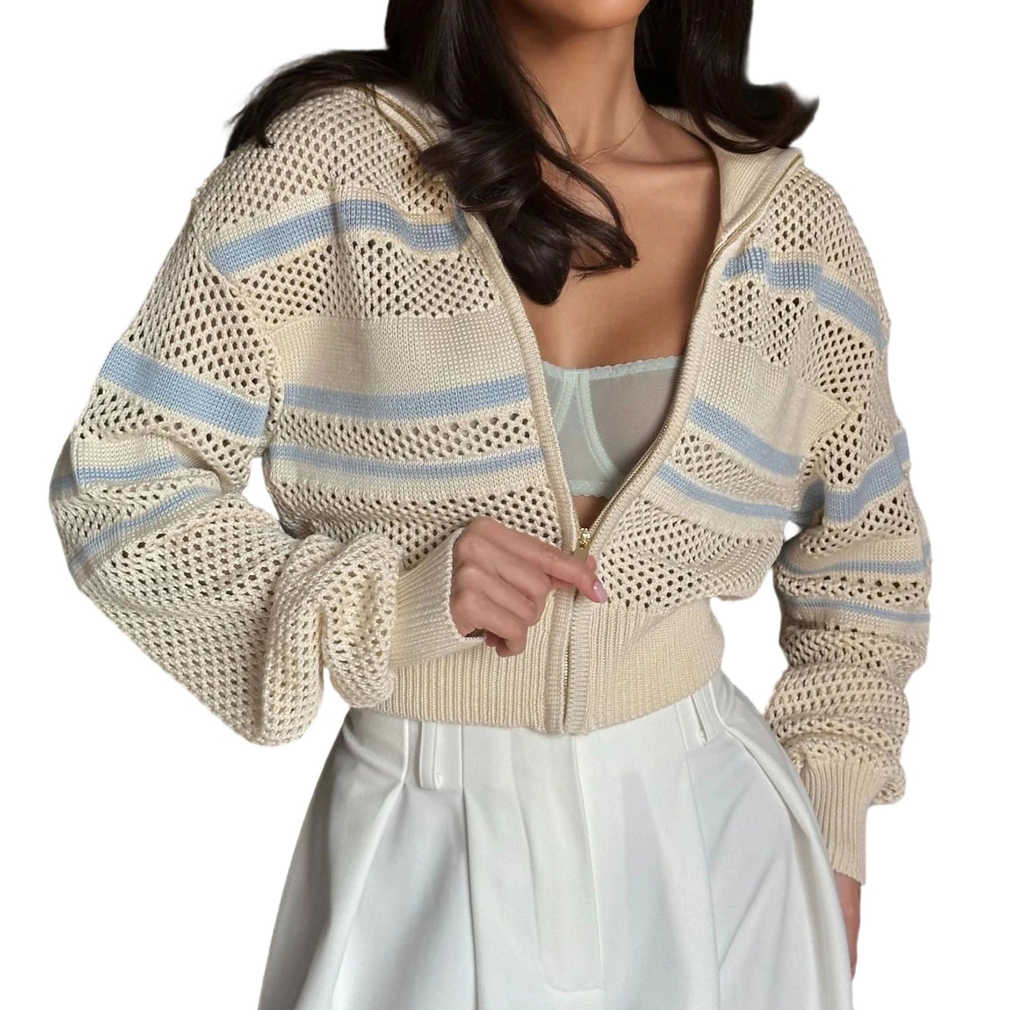 XBTCLXEBCOCN Striped Knit Cardigan Zipper Closure Coat