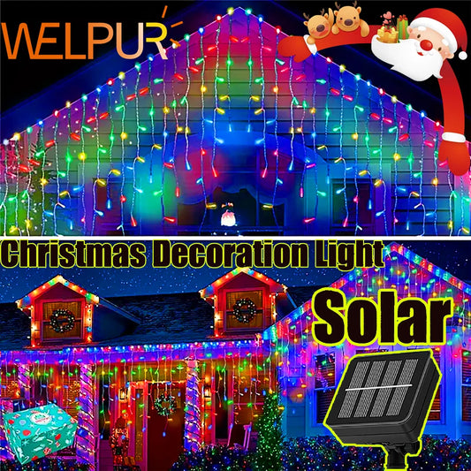 WELPUR Solar Icicle Curtain Lights 8 Modes Christmas
