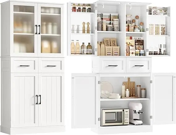 Kitchen Pantry Storage Cabinet With Frosted Glass Doors And Drawers