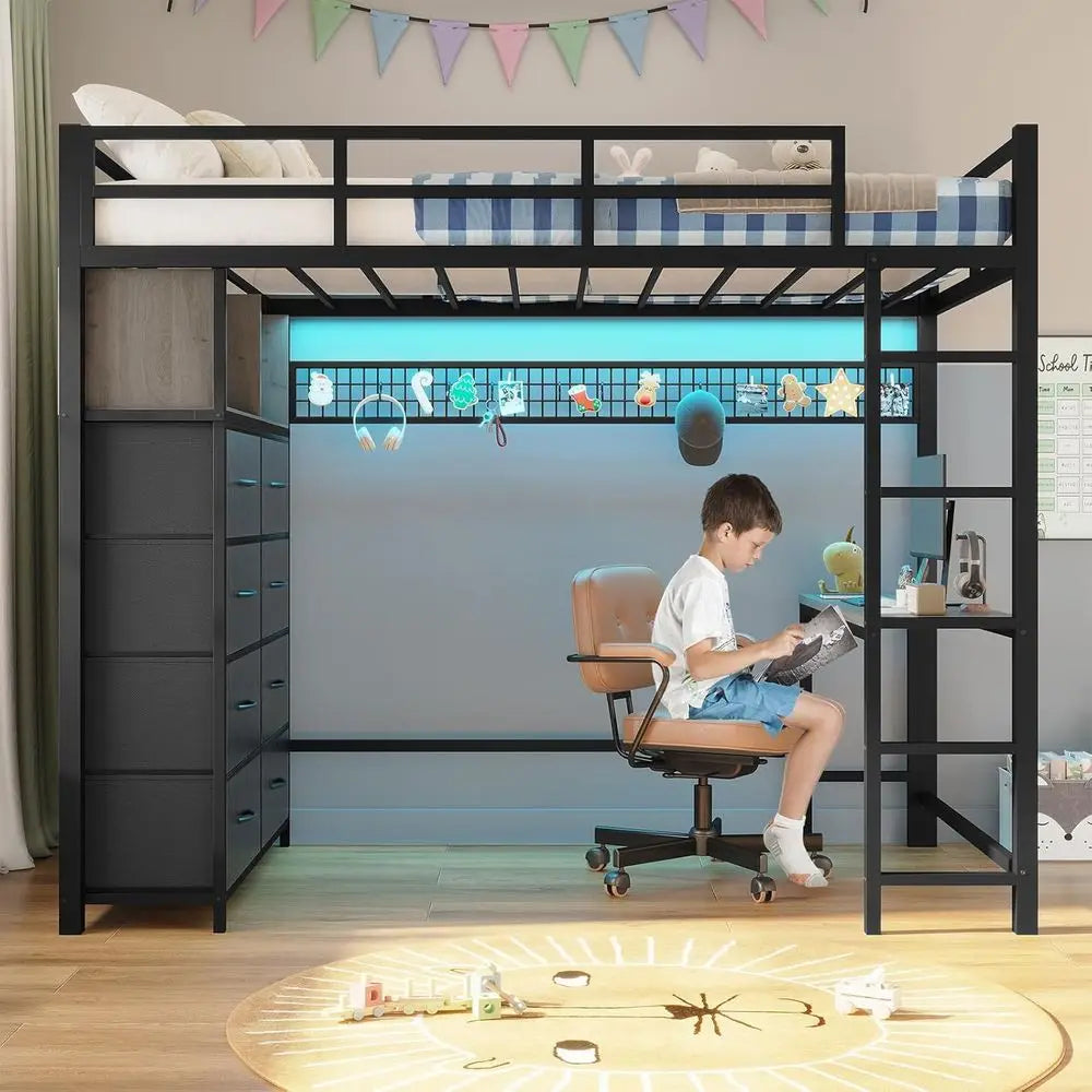 Twin Metal Loft Bed With Desk Drawers And Storage Shelves
