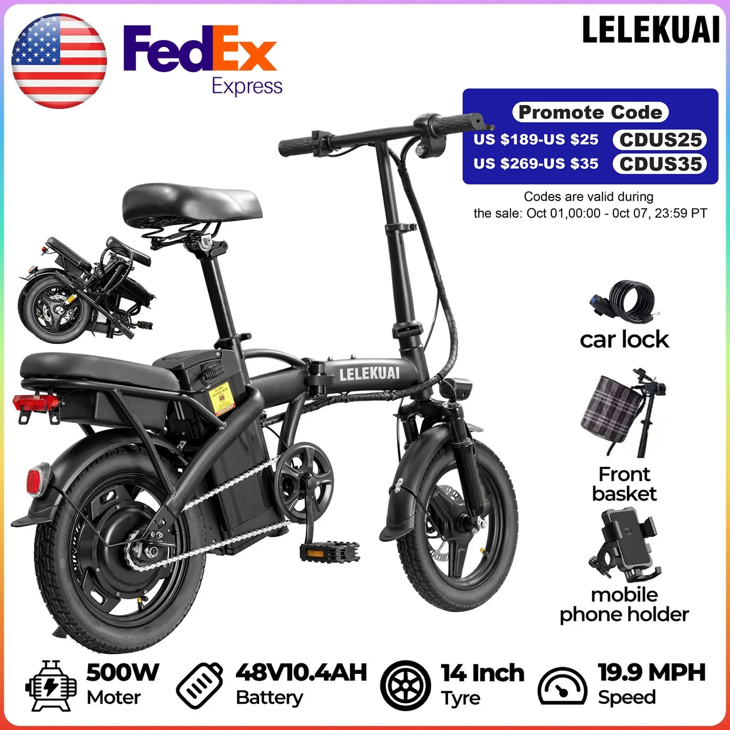 LELEKUAIFolded Foldable Electric Bicycle 500W 24MPH 48V Battery