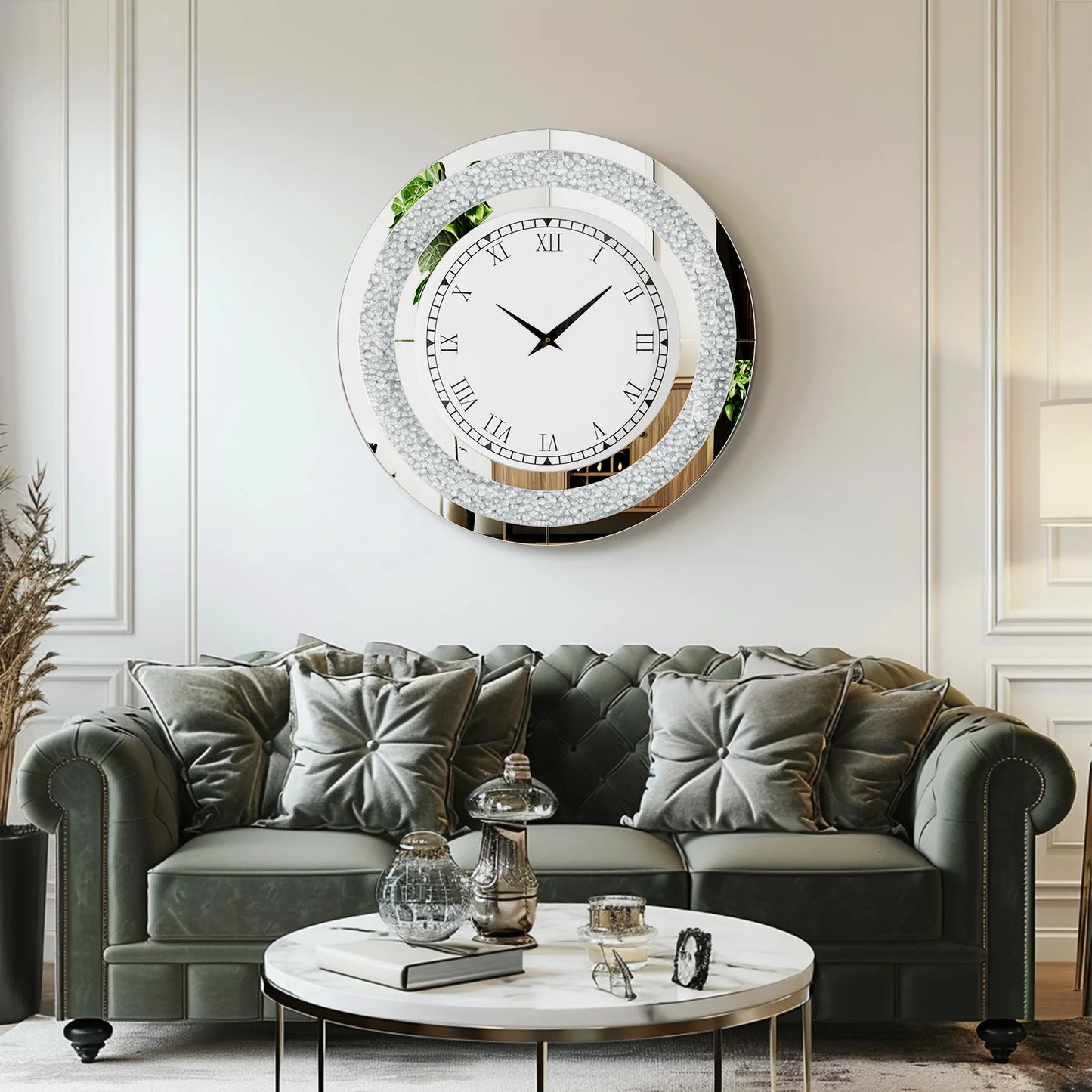 Round Mirrored Wall Clock With Crystal Sparkle Diamond Accents For Living Room