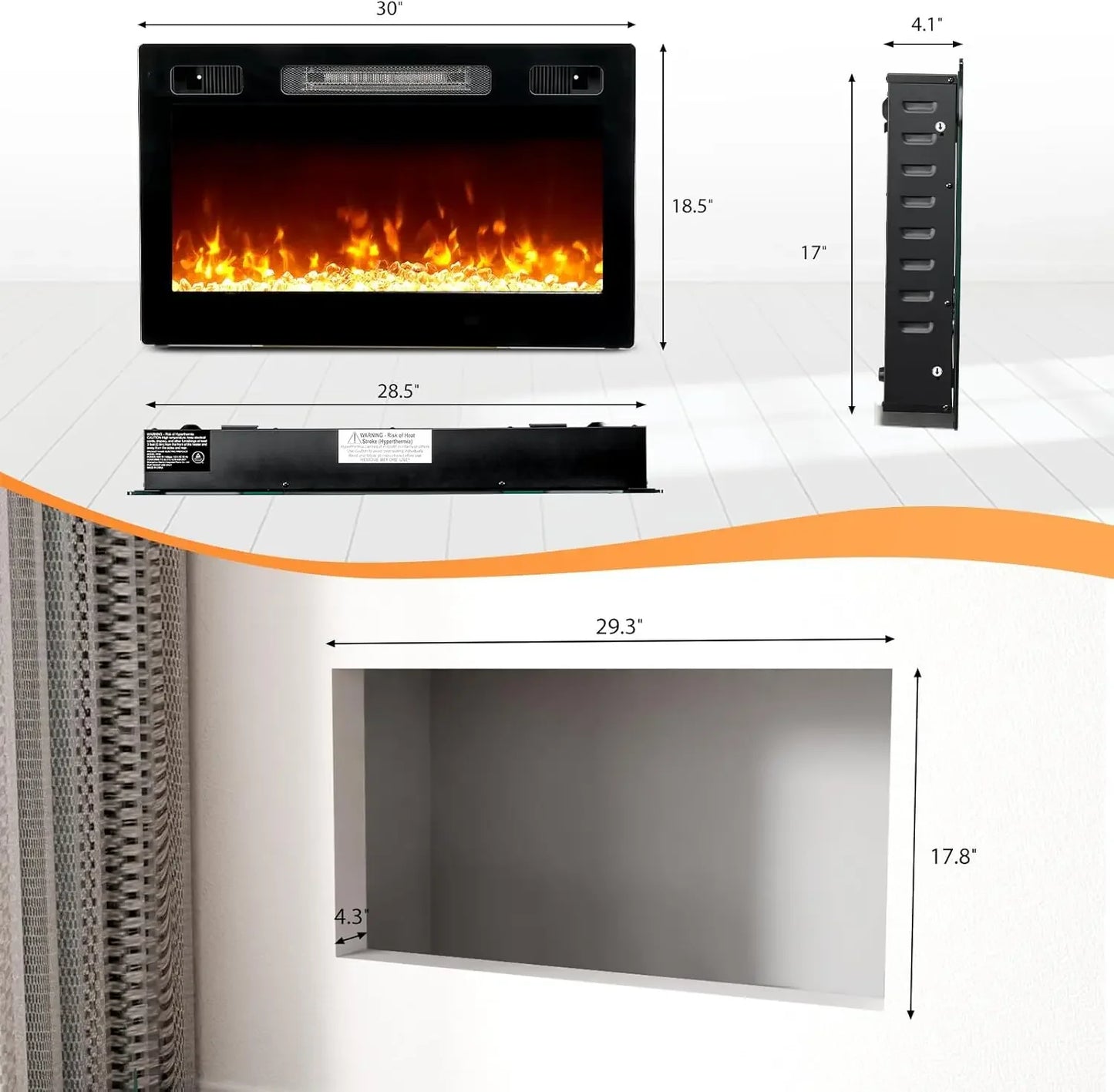 Electric Fireplace With Remote Control 12H Timer 1500W Wall Mounted Recessed