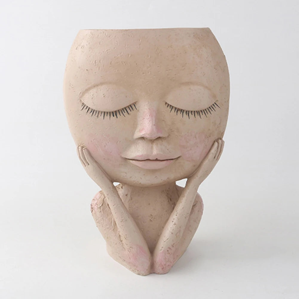 Flower Pot Girl Face Head Figurine Decor For Garden Pots