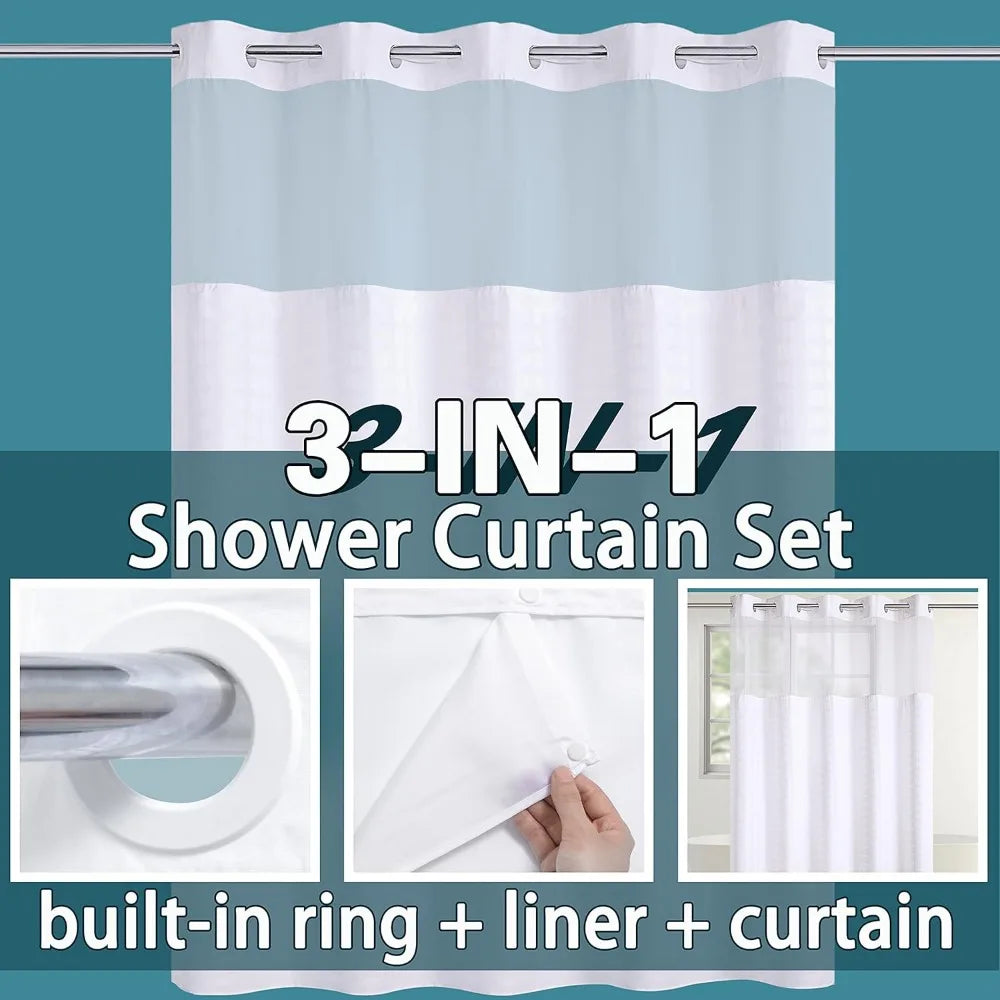 Checkwhite Extra Wide Shower Curtain Set With Snap In Liner