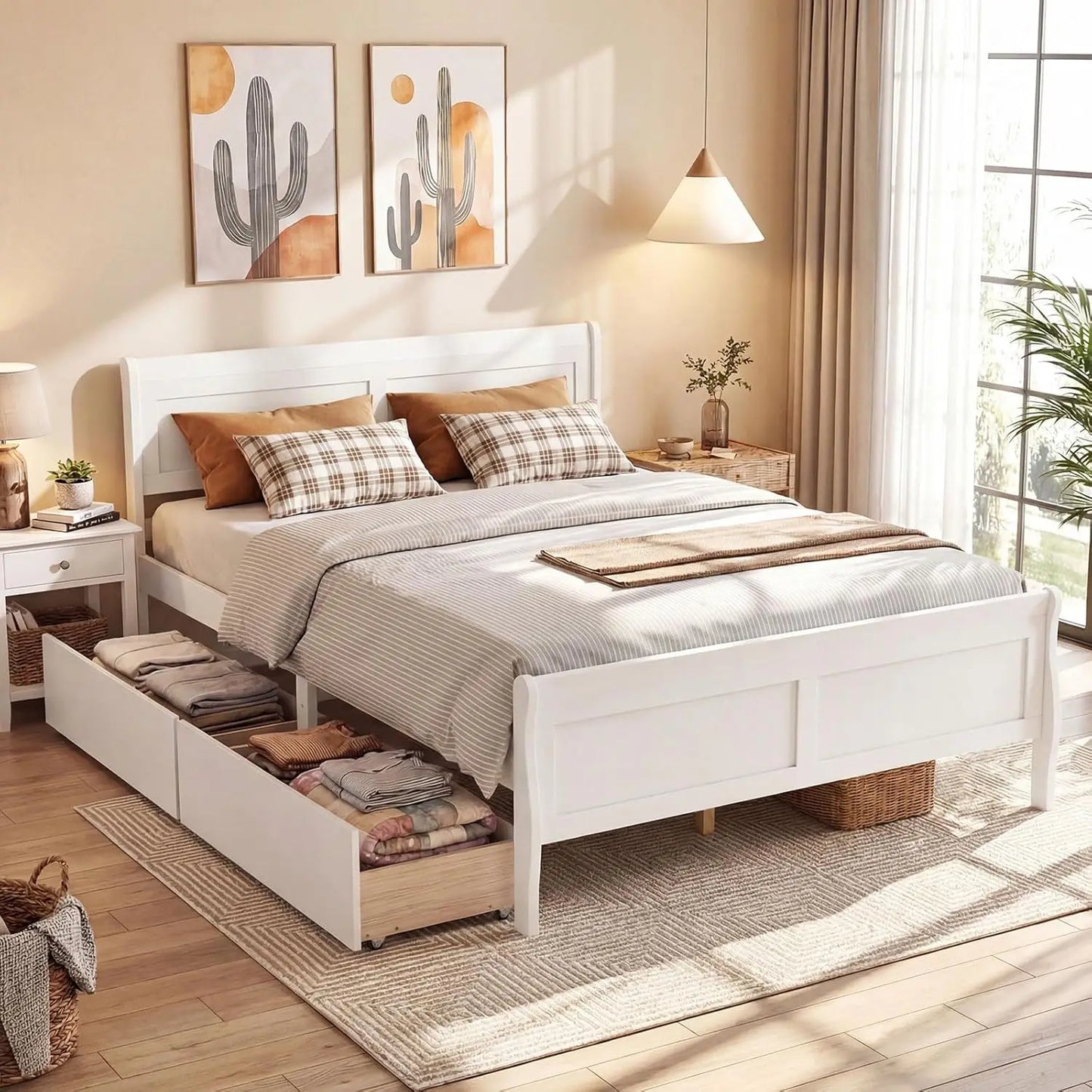 Queen Storage Bed Frame With Wood Headboard Footboard Drawers Slats