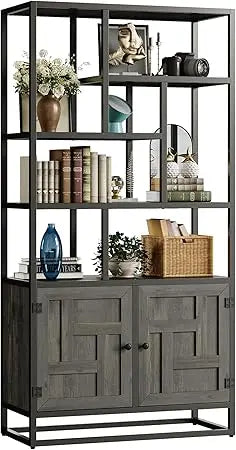 Ironck 6 Tier Tall Bookshelf With Doors Storage Cabinet