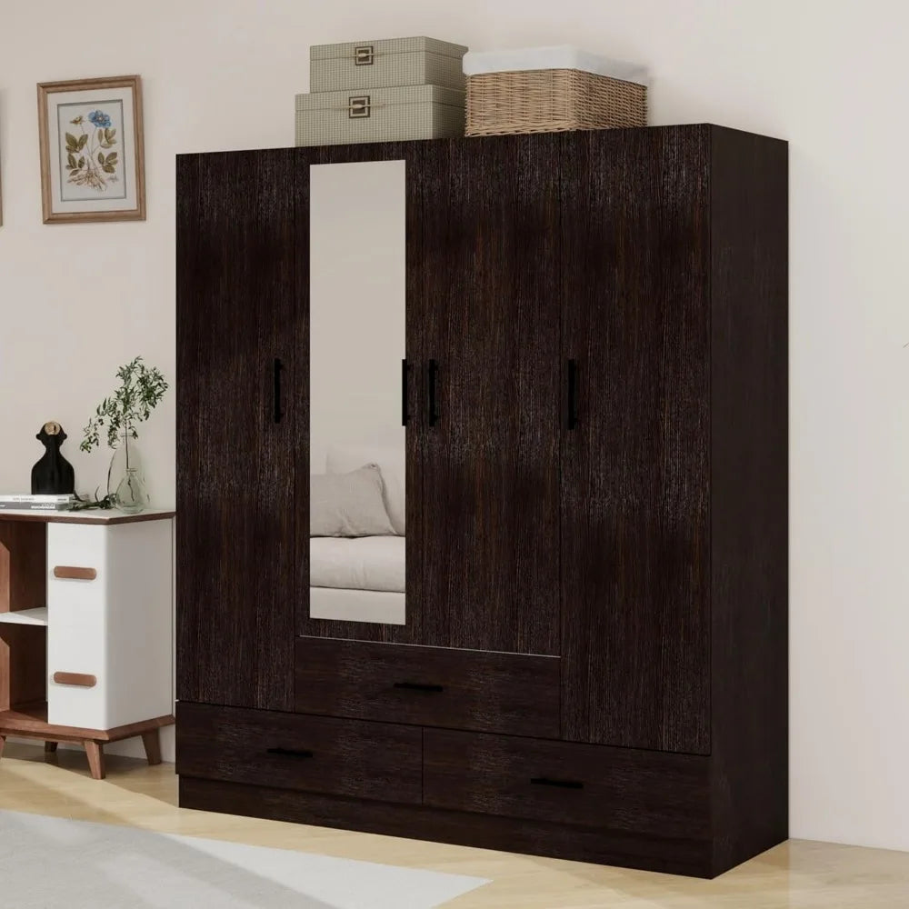 Armoire Wardrobe With 4 Doors 3 Drawers Mirror Hanging Rod