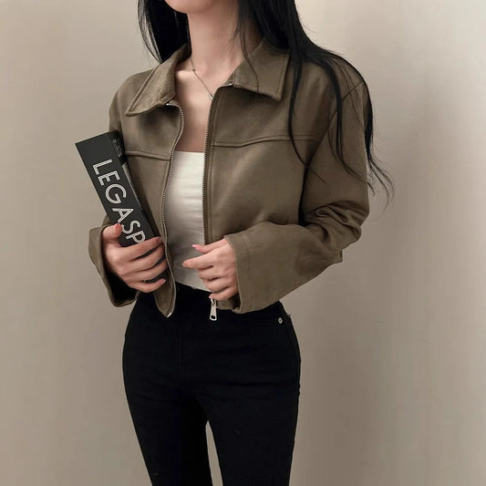 Autumn Women Zipper Jacket Lapel Long Sleeve Casual Outerwear