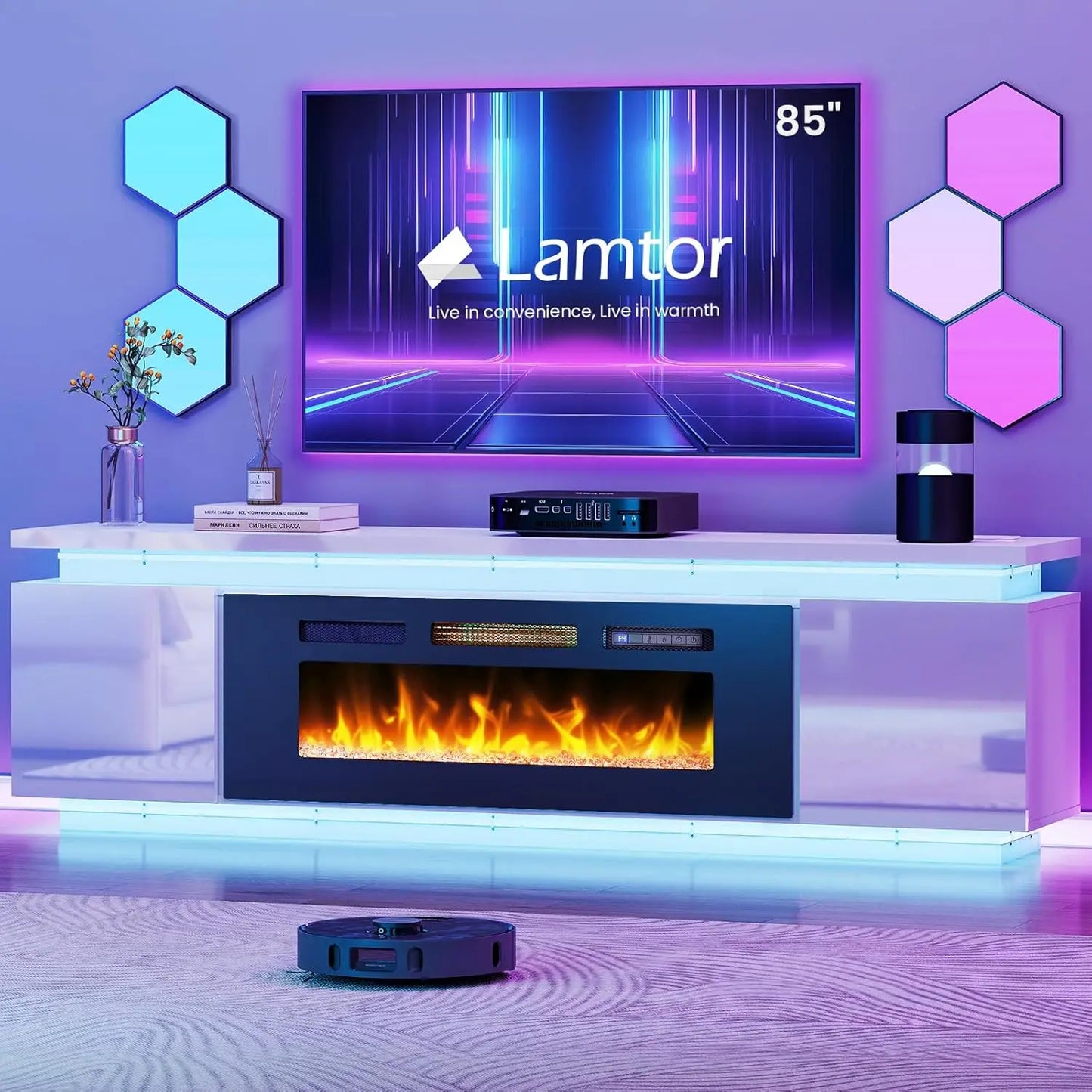 ANGDUO Fireplace TV Stand With RGB LED Lights And Outlets